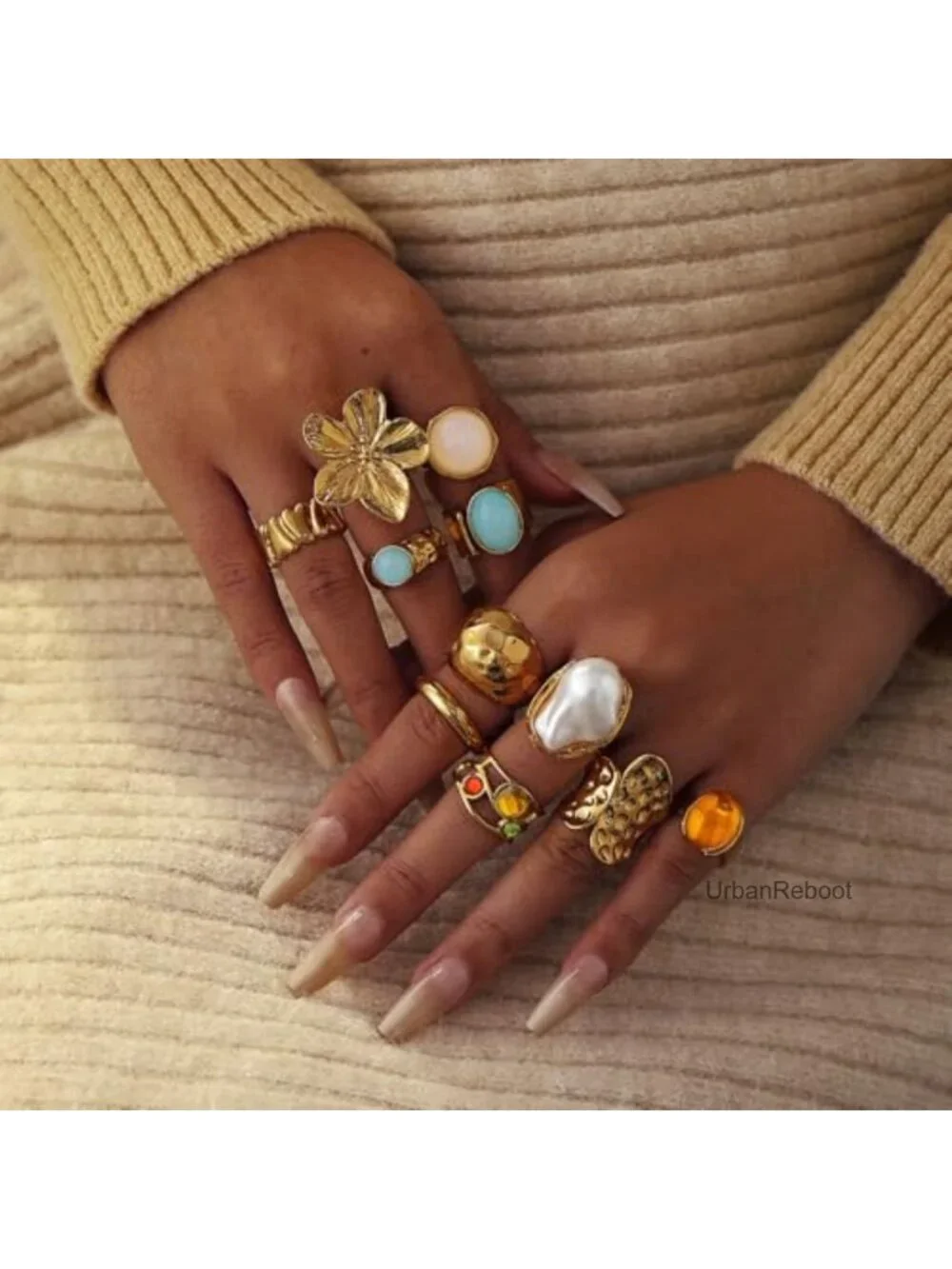 Chunky Gold Rings for Women Non Tarnish, Baroque Pearl Flower Tiger's Eye Stone